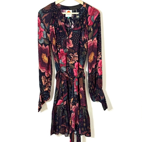 FARM Rio Dresses & Skirts - Farm Rio River Creatures Black Floral Mini Dress Tie Belt Button Front Tassels
